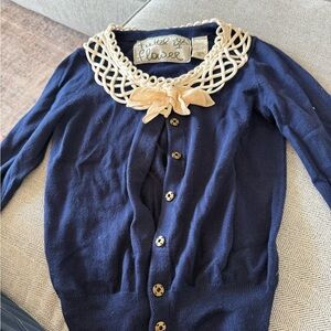 Anthropologie Blue and Cream Lace Cardigan Sweater
